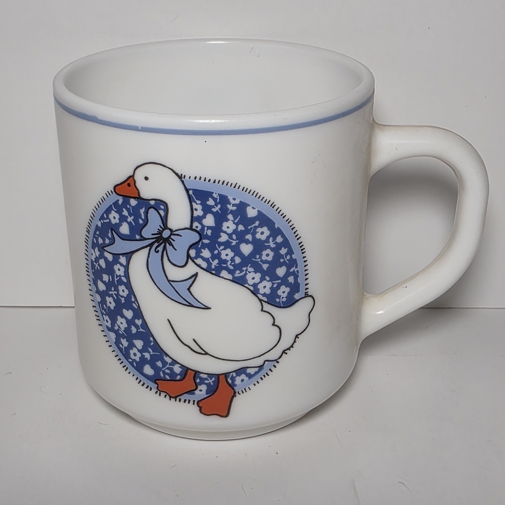 Vintage Arcopal France Country Mug - Blue Ribbon Mother Goose Opal Glass Cottage